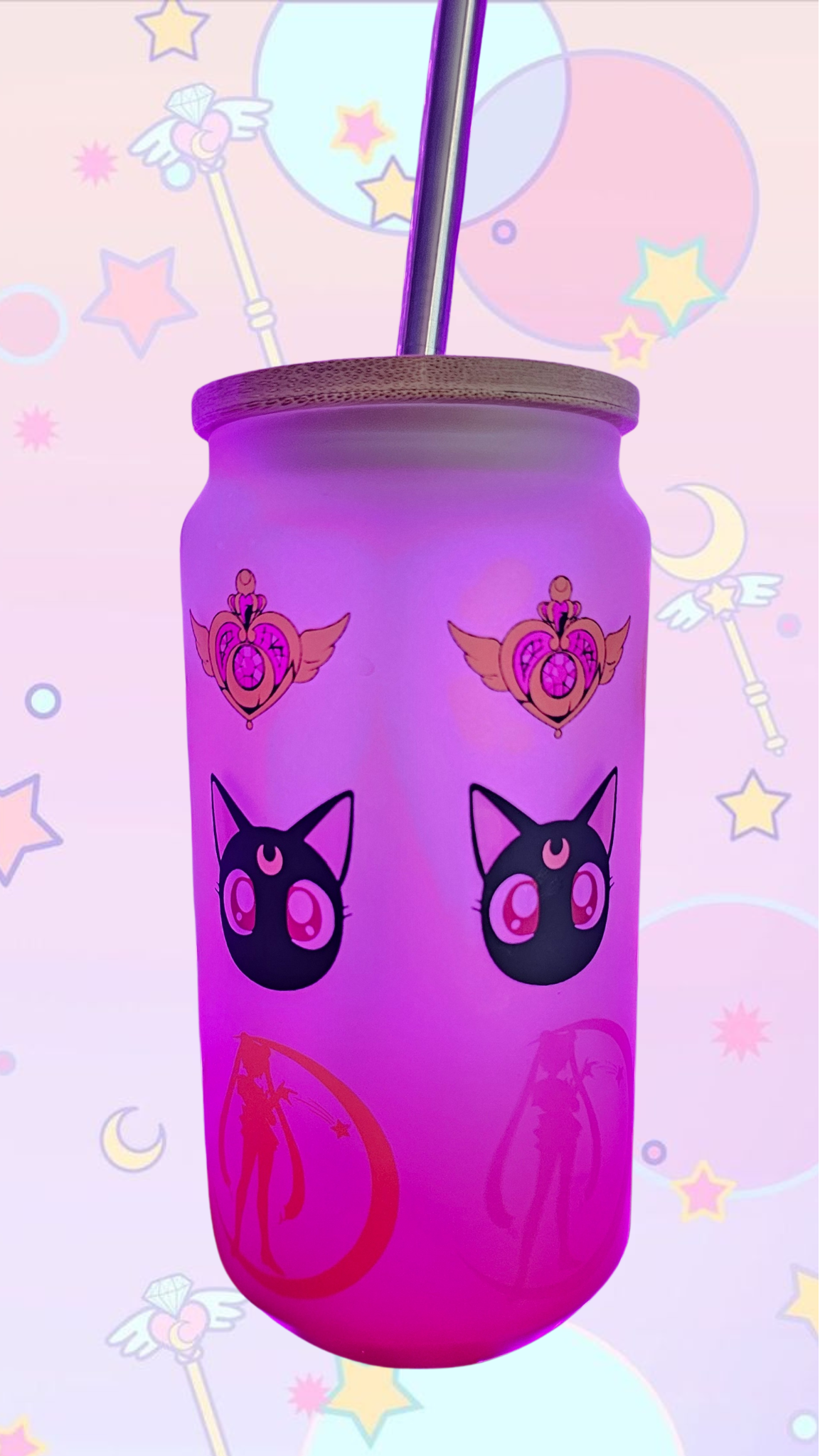 Sailor Moon Frosted Pink Ombre Glass Tumbler – 18 oz