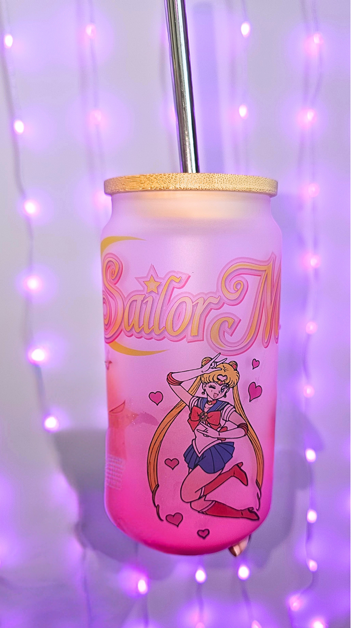 Sailor Moon Frosted Pink Ombre Glass Tumbler – 18 oz